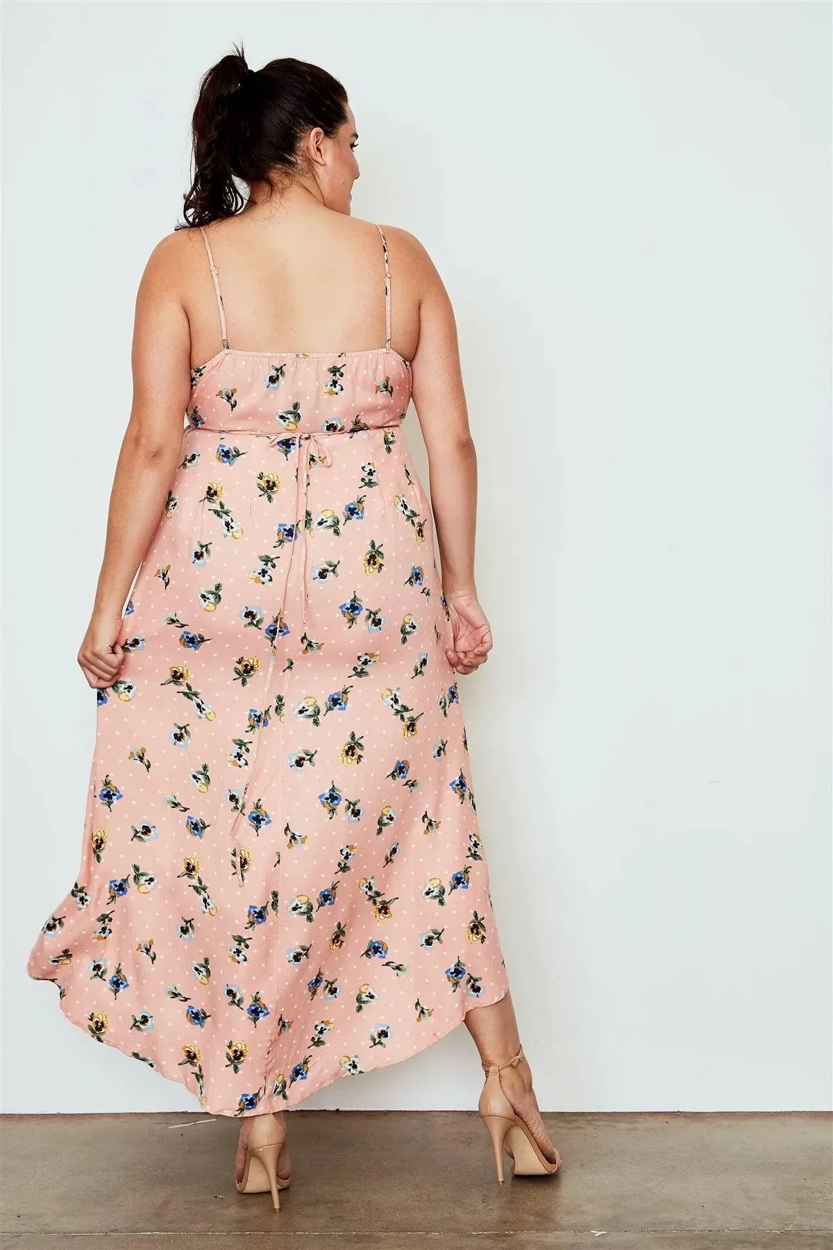Junior Plus Size Peach Flower Print Hi-Low Wrap Midi Dress / 1-1-3-2