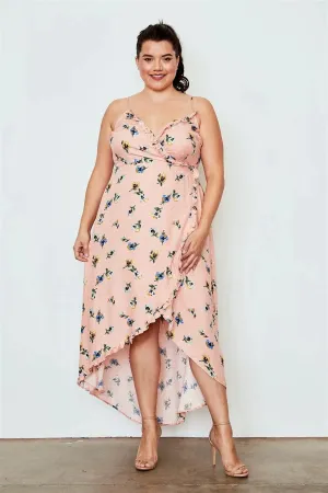 Junior Plus Size Peach Flower Print Hi-Low Wrap Midi Dress / 1-1-3-2