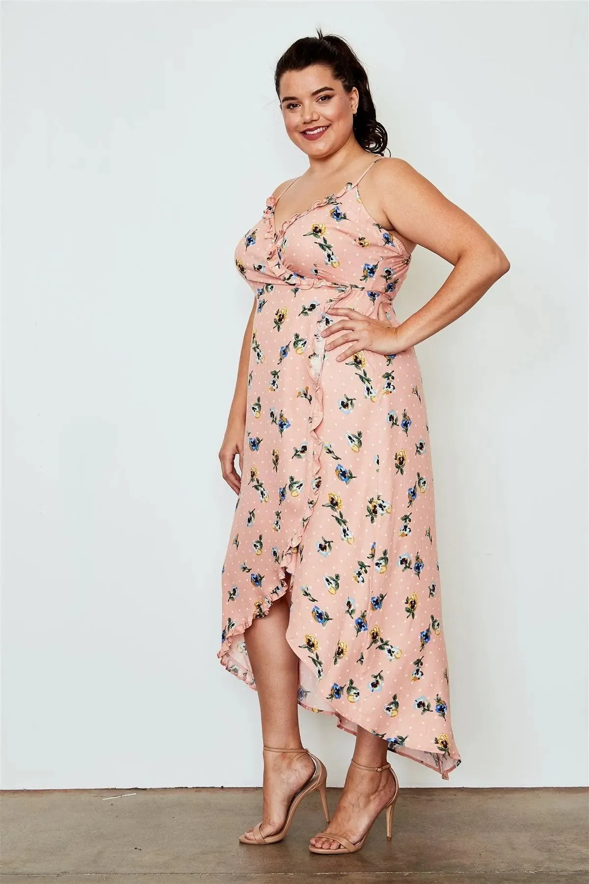 Junior Plus Size Peach Flower Print Hi-Low Wrap Midi Dress / 1-1-3-2