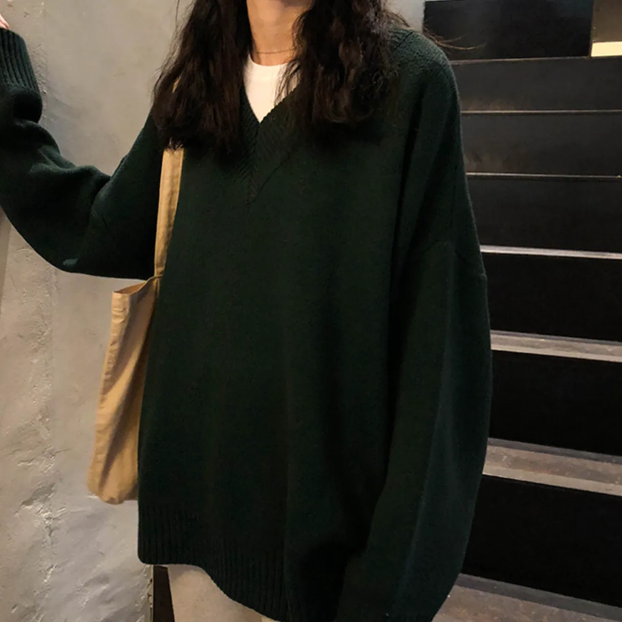 [Korean Style] Basic 5 Colors Loose Fit V-neck Thick Sweater
