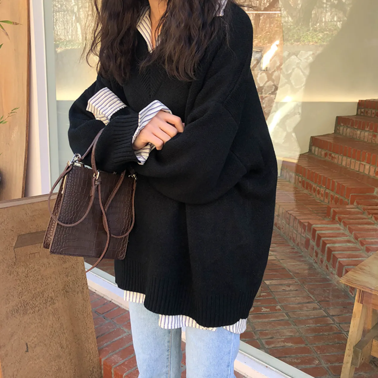 [Korean Style] Basic 5 Colors Loose Fit V-neck Thick Sweater