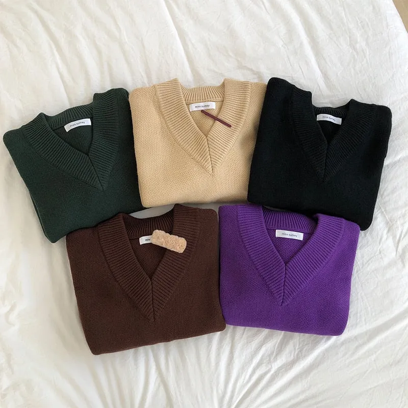[Korean Style] Basic 5 Colors Loose Fit V-neck Thick Sweater