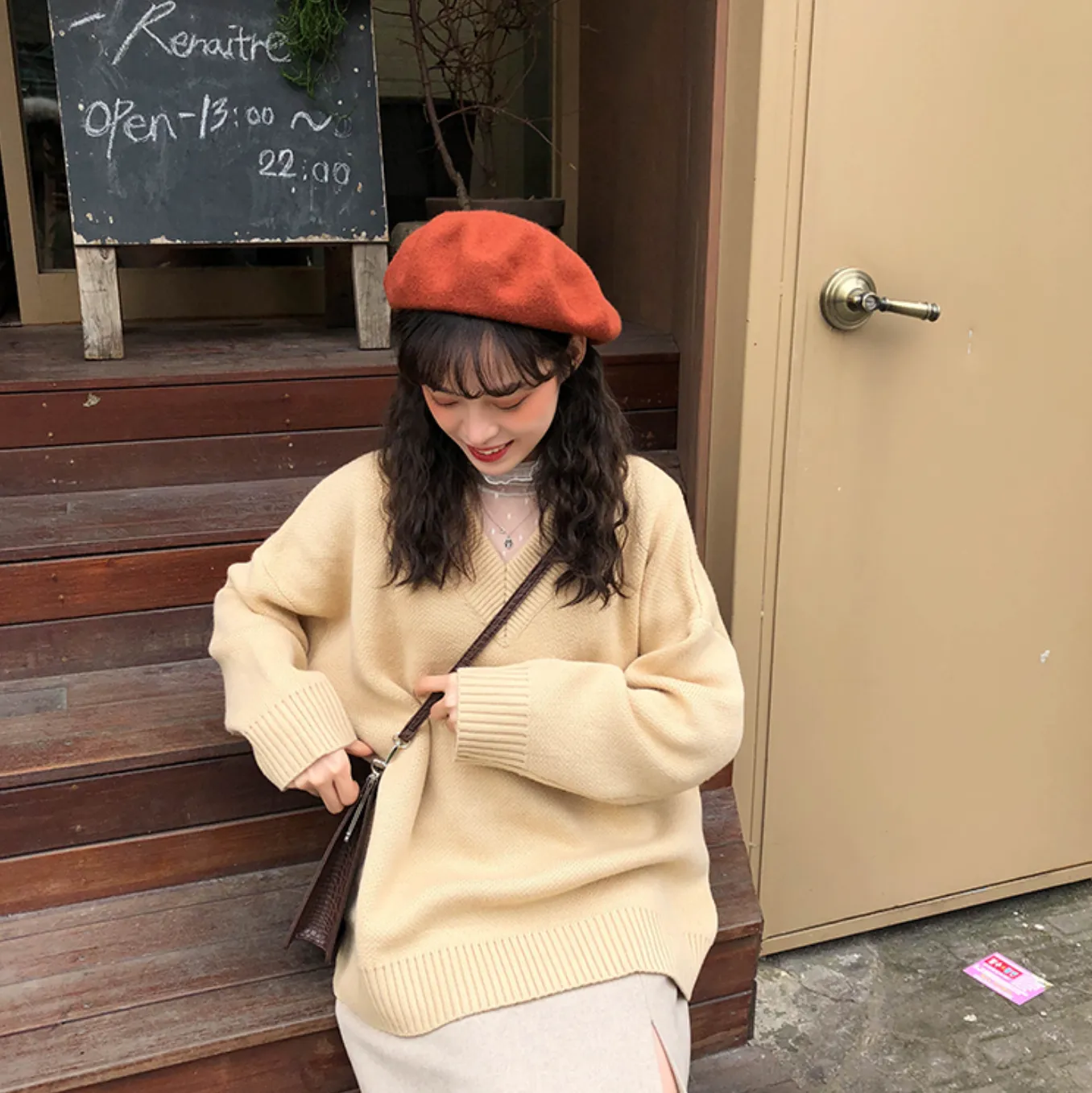 [Korean Style] Basic 5 Colors Loose Fit V-neck Thick Sweater