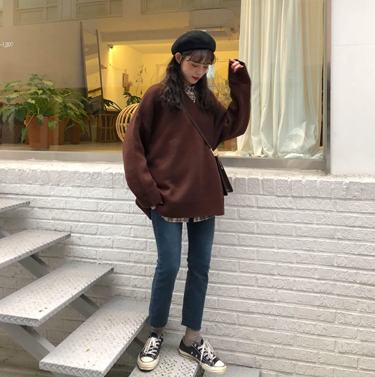 [Korean Style] Basic 5 Colors Loose Fit V-neck Thick Sweater
