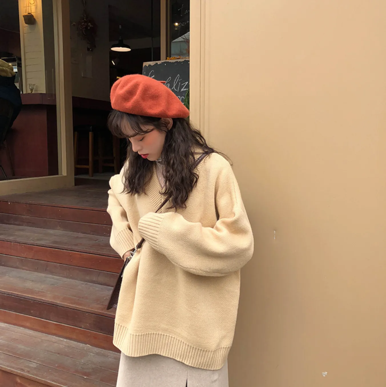 [Korean Style] Basic 5 Colors Loose Fit V-neck Thick Sweater