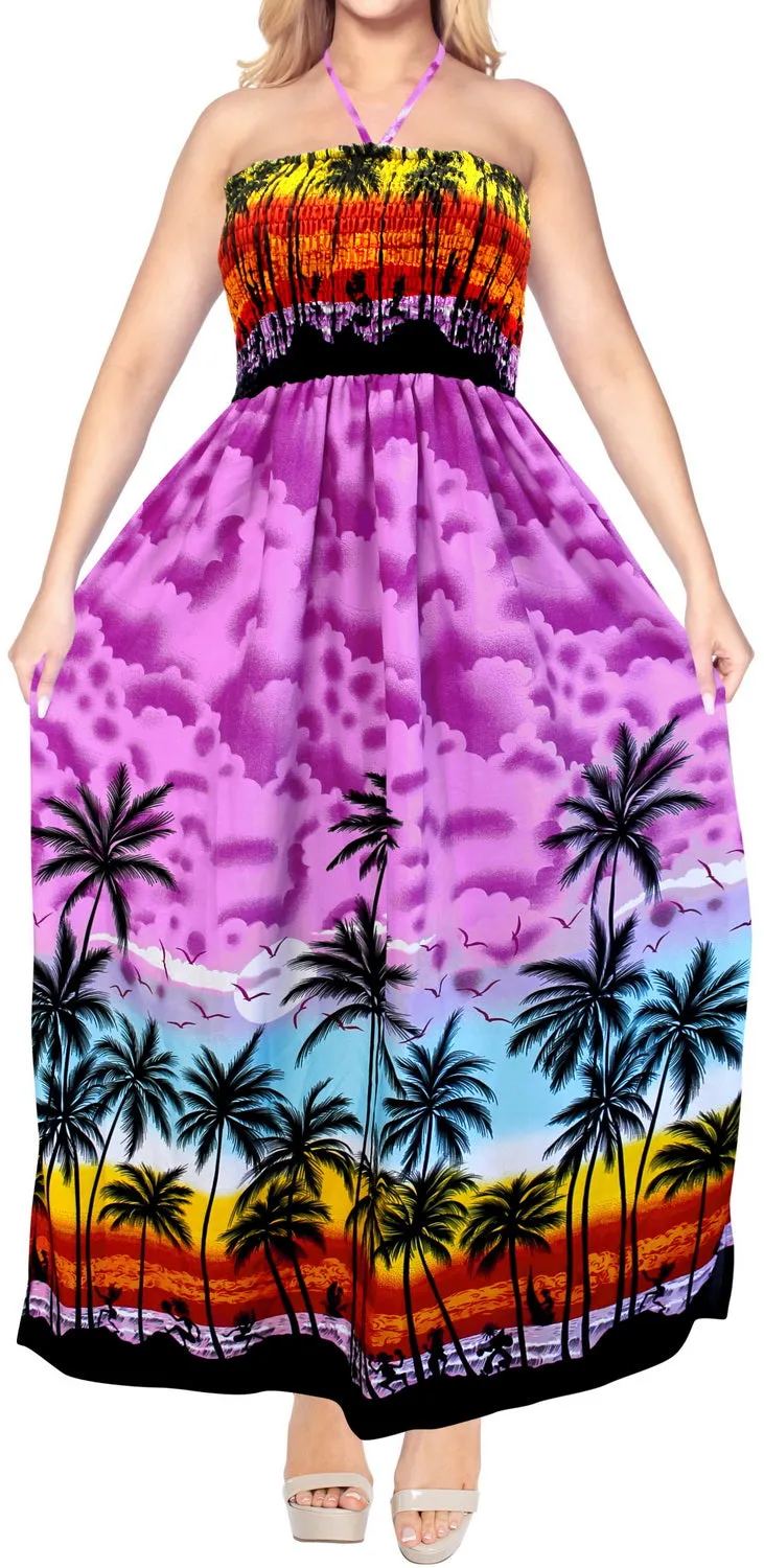 LA LEELA Long Maxi Tropical Palm Tree Beachy Print Halter Neck Tube Dress For Women Beach Vacation Cruise Outfit Ladies