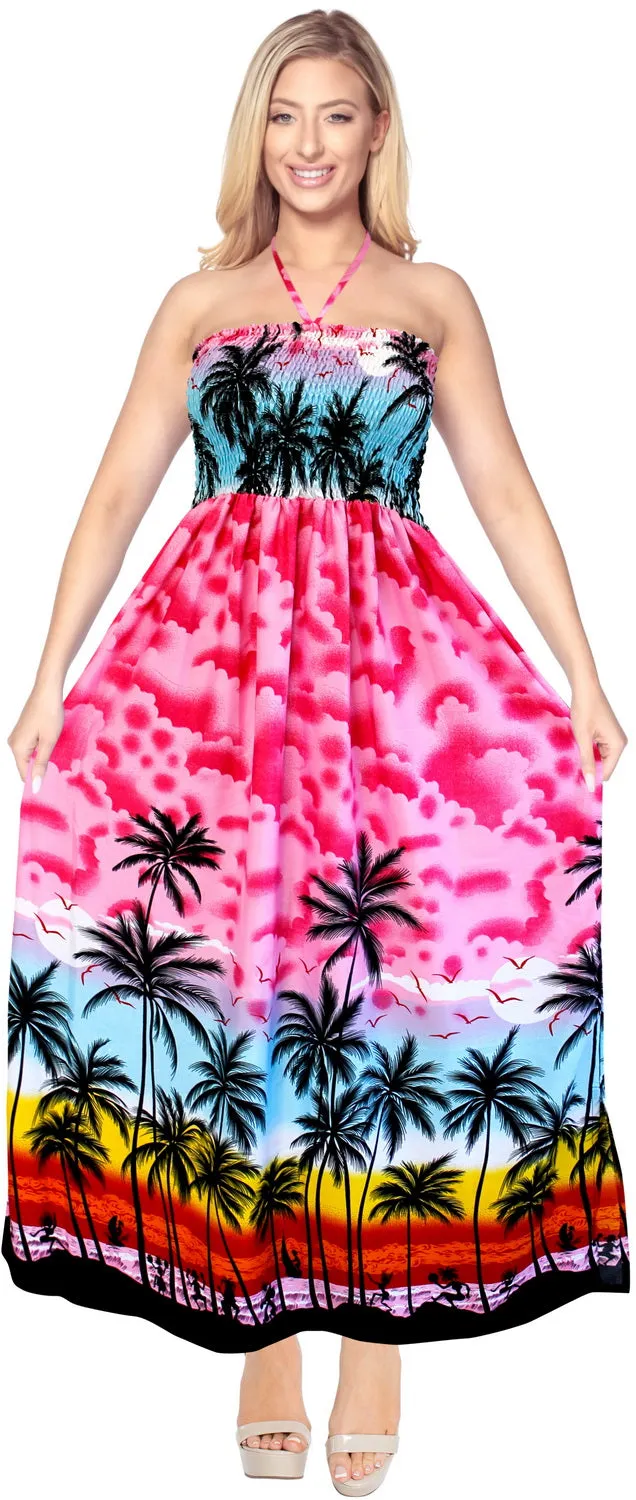 LA LEELA Long Maxi Tropical Palm Tree Beachy Print Halter Neck Tube Dress For Women Beach Vacation Cruise Outfit Ladies