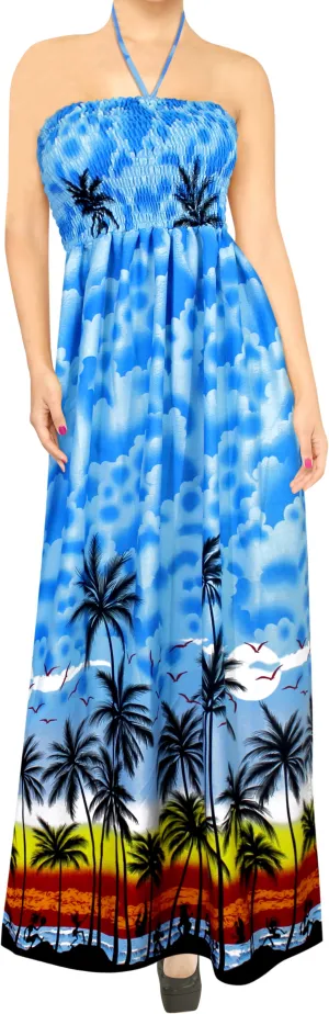 LA LEELA Long Maxi Tropical Palm Tree Beachy Print Halter Neck Tube Dress For Women Beach Vacation Cruise Outfit Ladies