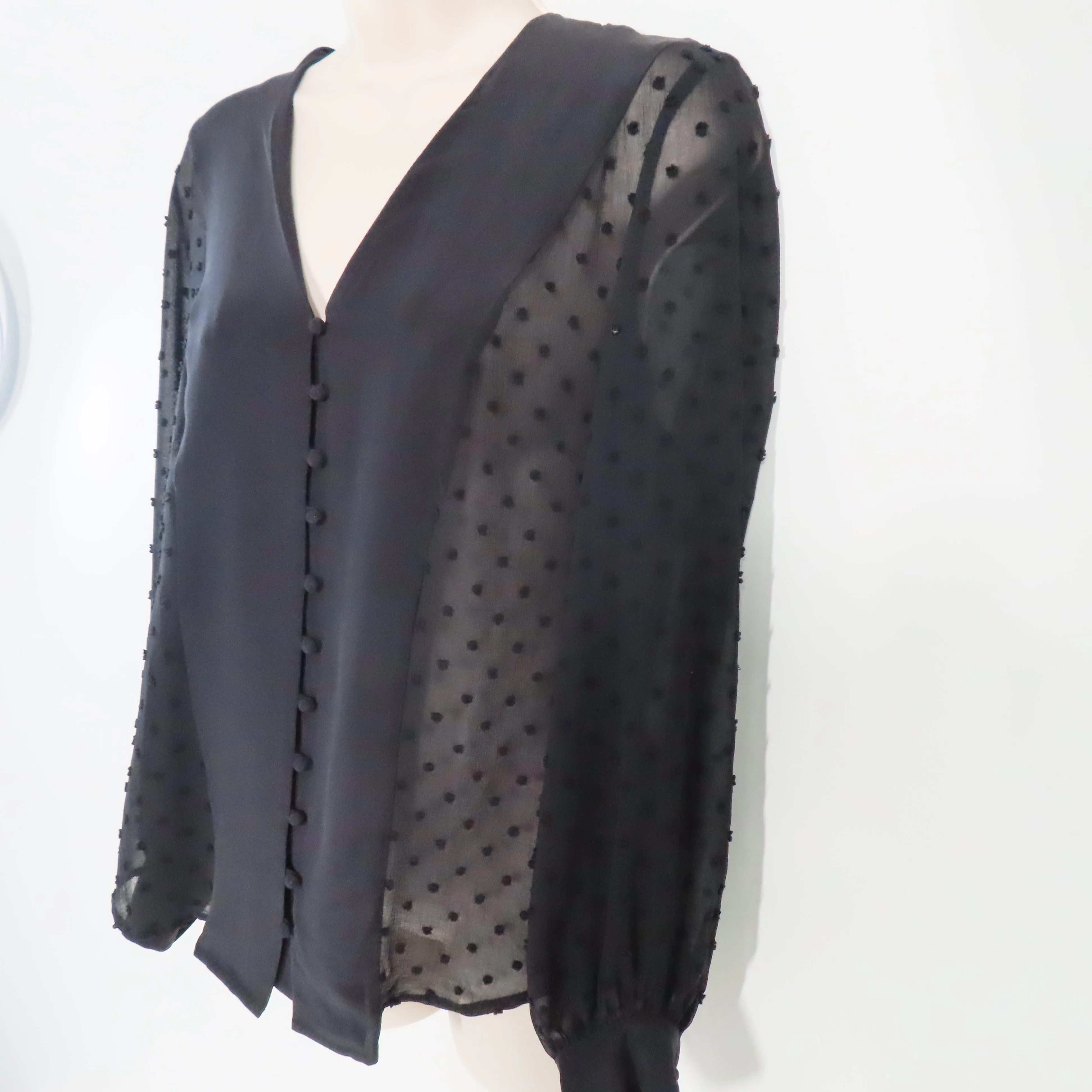 L'AGENCE Black Fallon Textured Swiss Dots Long Sleeve Button-Down Blouse Sz S