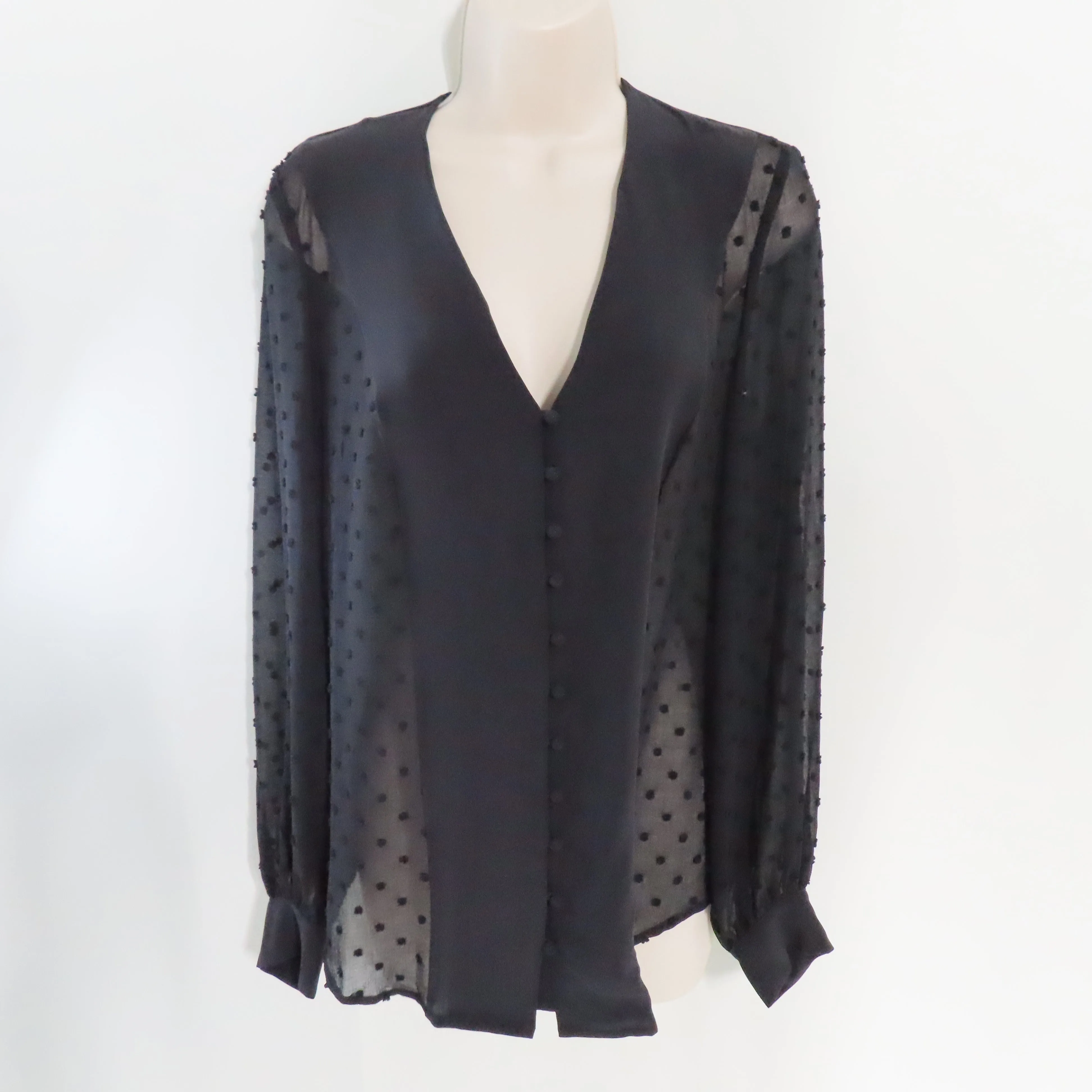 L'AGENCE Black Fallon Textured Swiss Dots Long Sleeve Button-Down Blouse Sz S