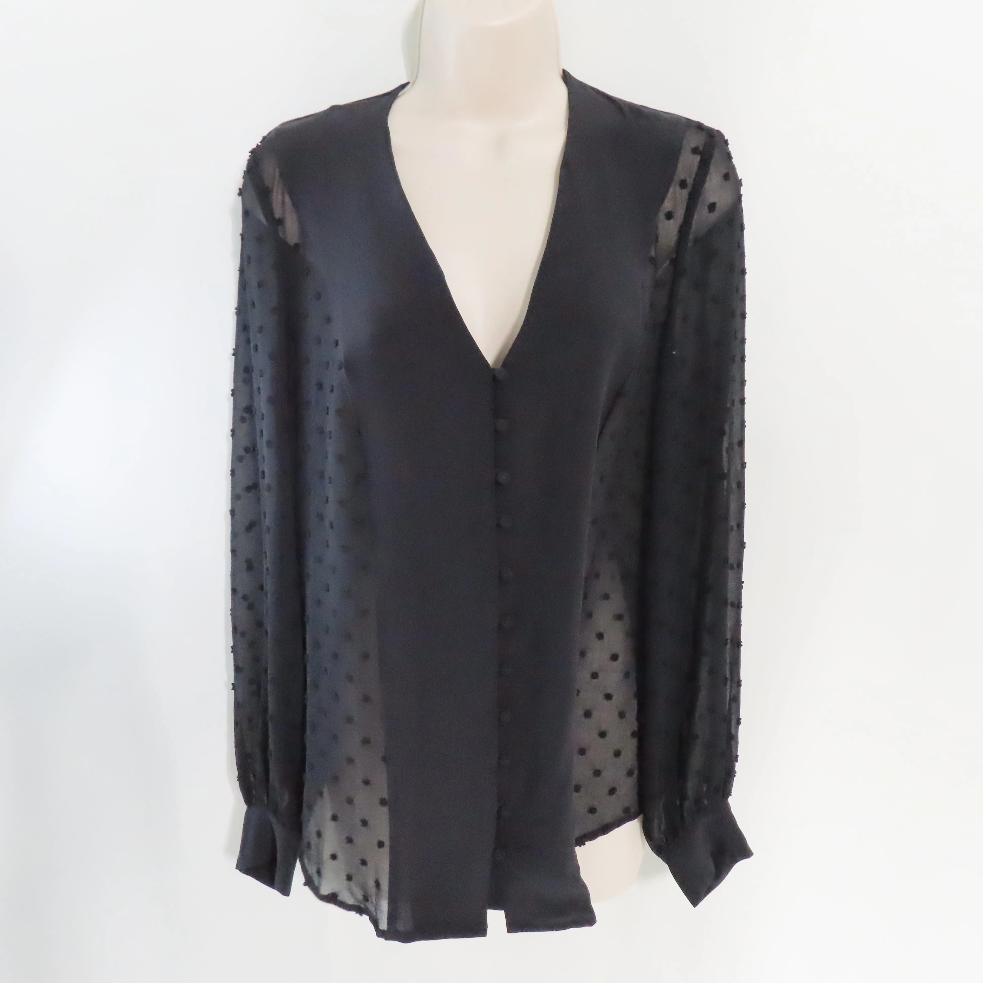 L'AGENCE Black Fallon Textured Swiss Dots Long Sleeve Button-Down Blouse Sz S