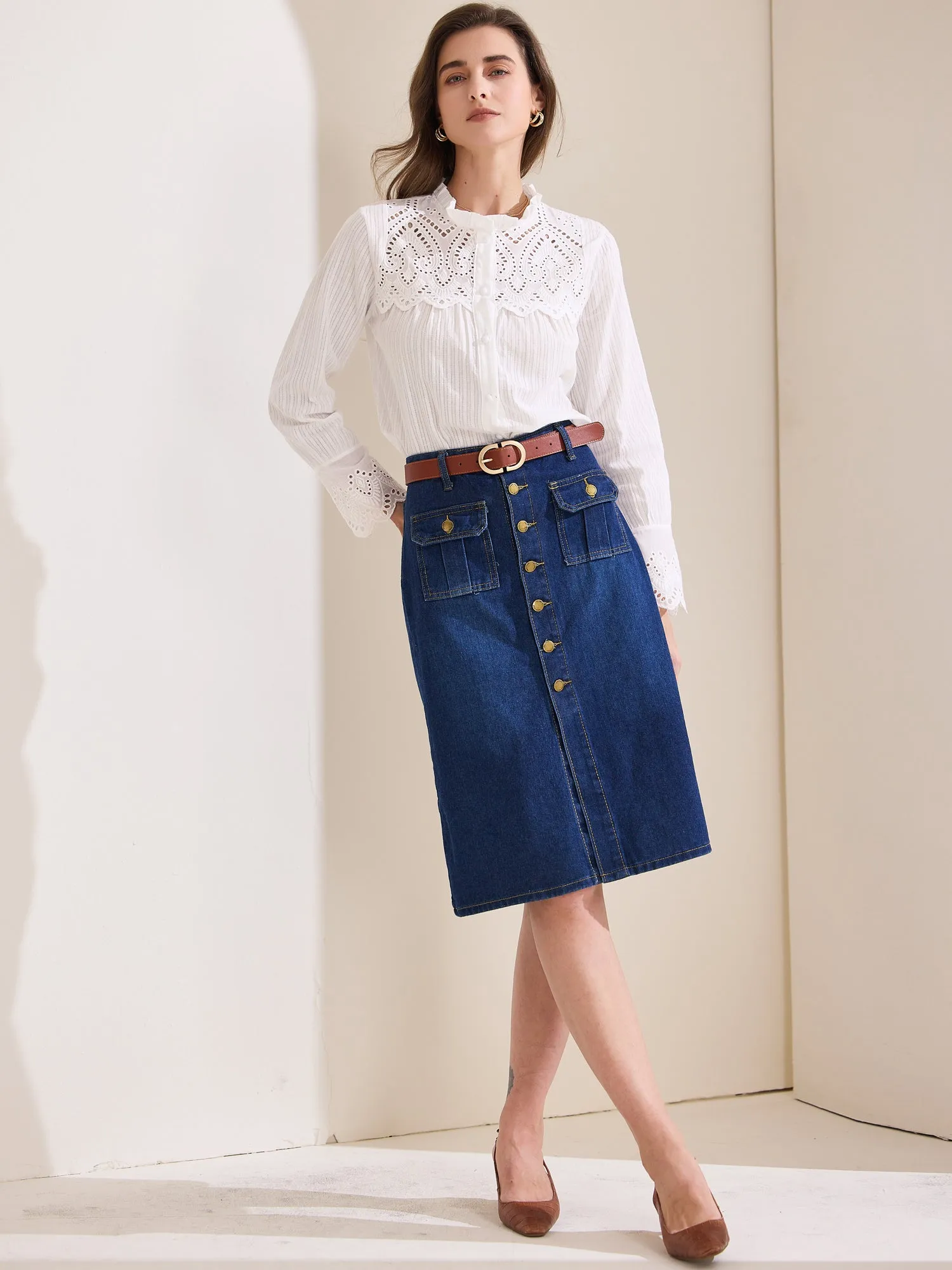 Long Sleeve Ruffled Neck Eyelet Button-Up Shirt