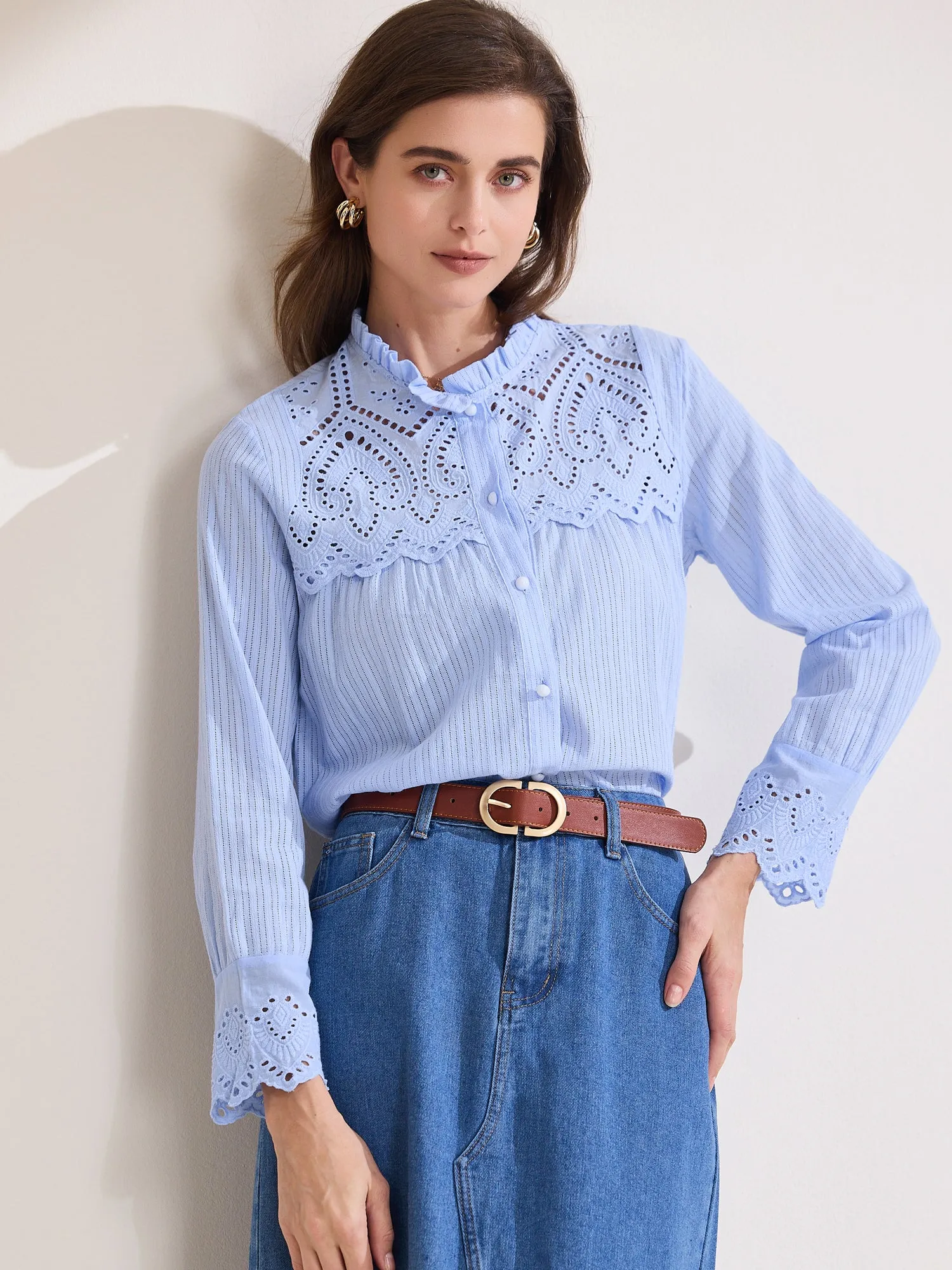 Long Sleeve Ruffled Neck Eyelet Button-Up Shirt