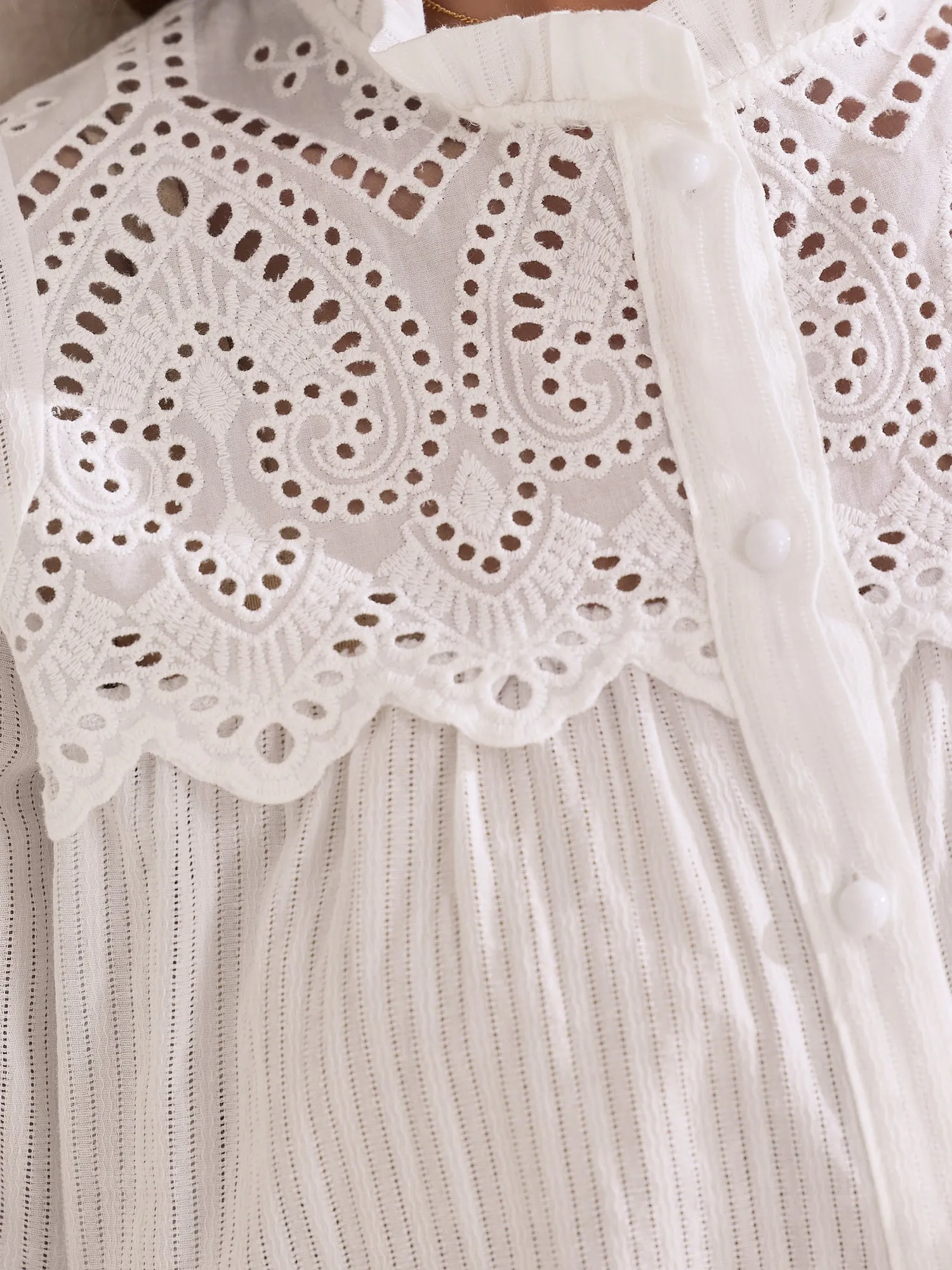 Long Sleeve Ruffled Neck Eyelet Button-Up Shirt