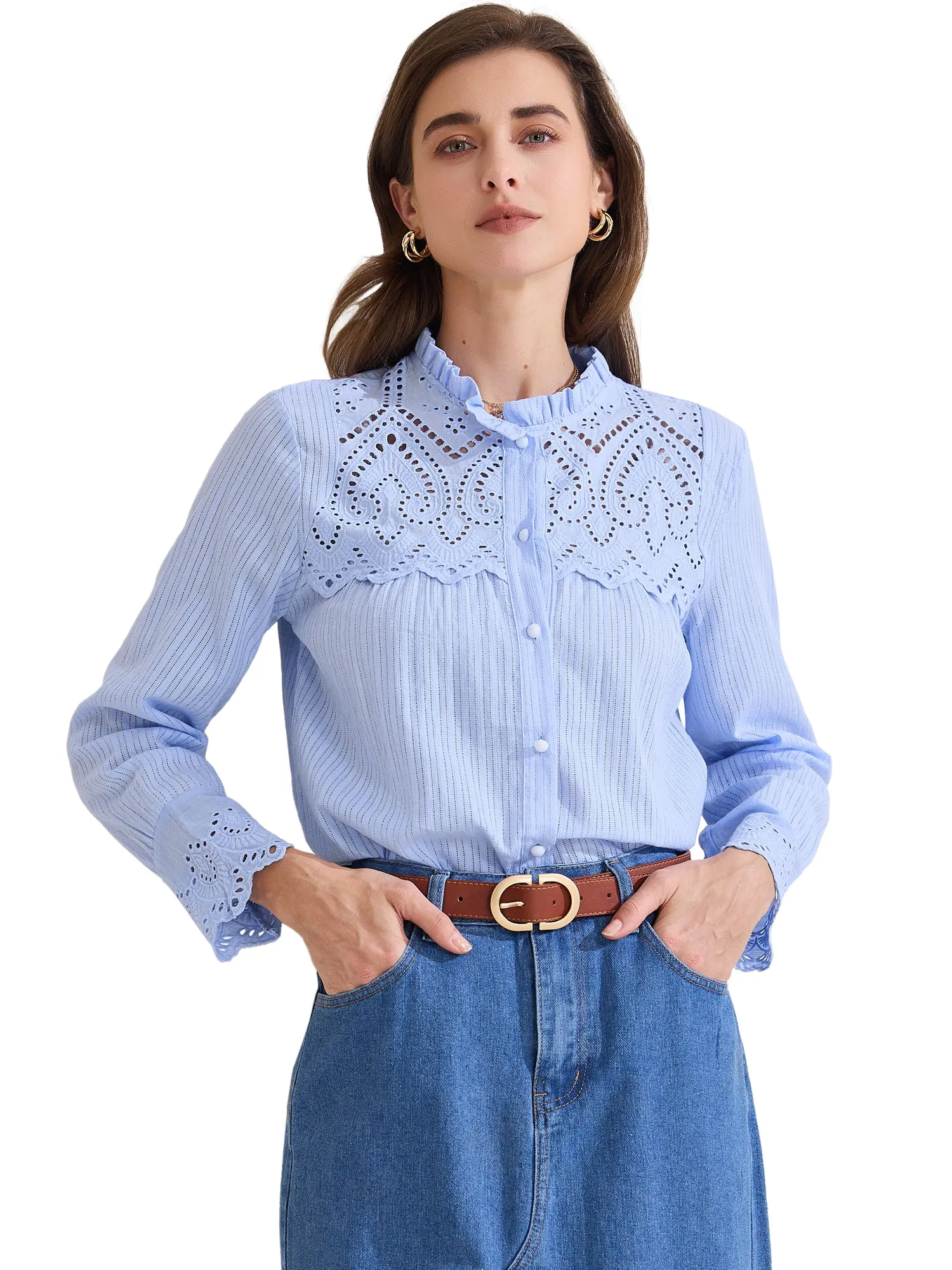 Long Sleeve Ruffled Neck Eyelet Button-Up Shirt