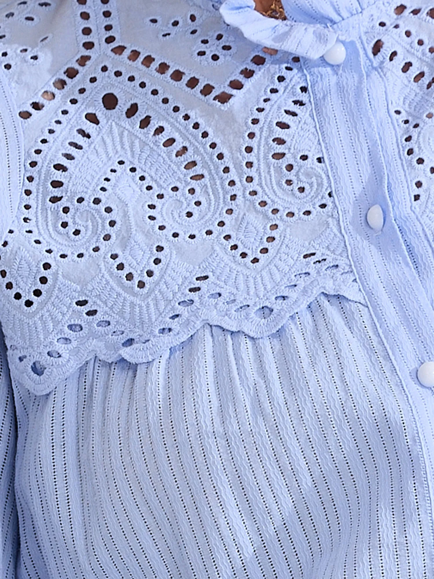 Long Sleeve Ruffled Neck Eyelet Button-Up Shirt