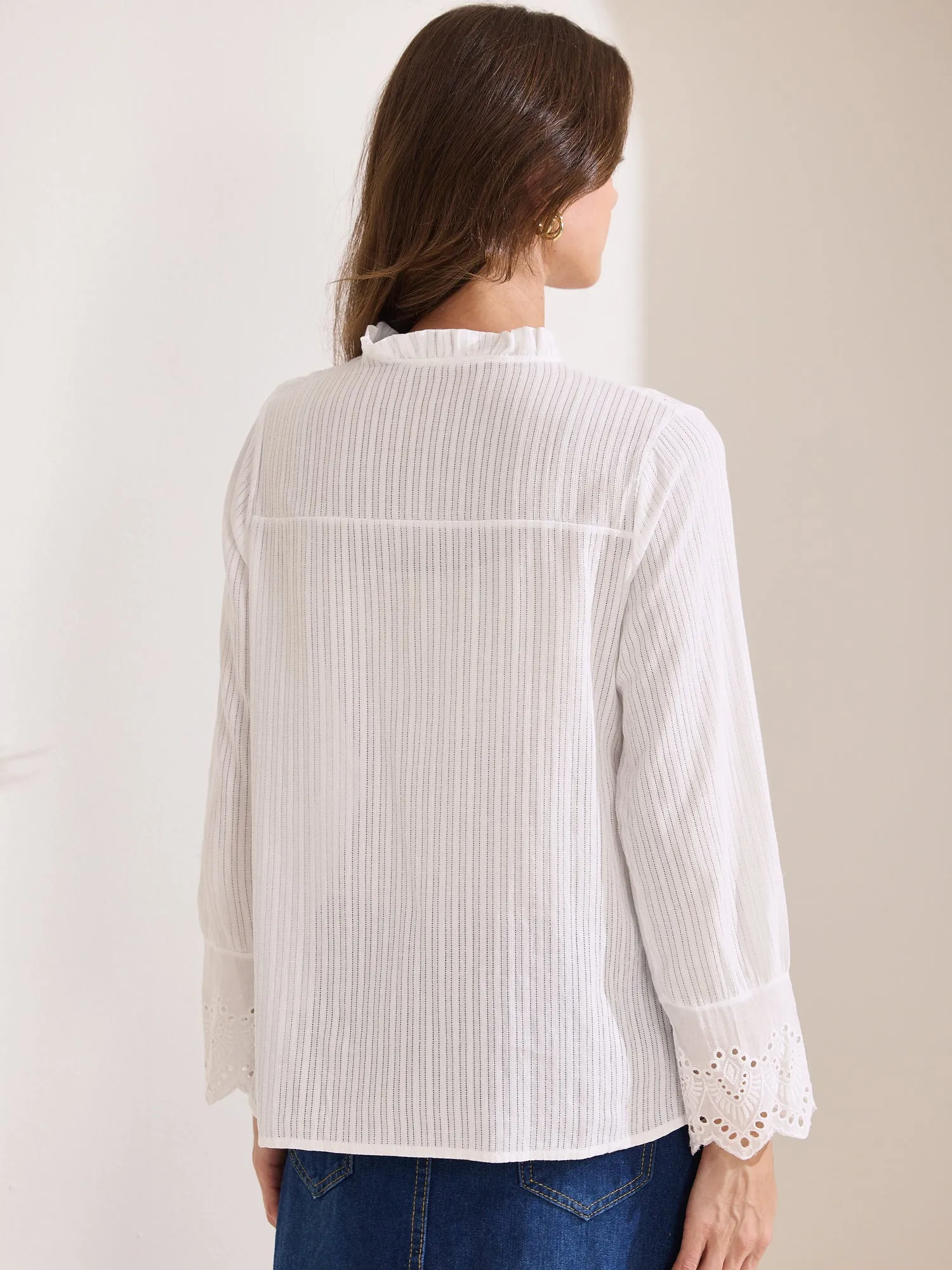 Long Sleeve Ruffled Neck Eyelet Button-Up Shirt