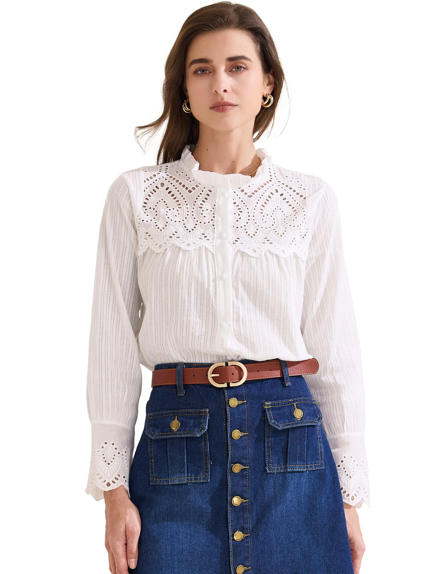 Long Sleeve Ruffled Neck Eyelet Button-Up Shirt