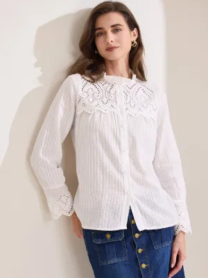 Long Sleeve Ruffled Neck Eyelet Button-Up Shirt