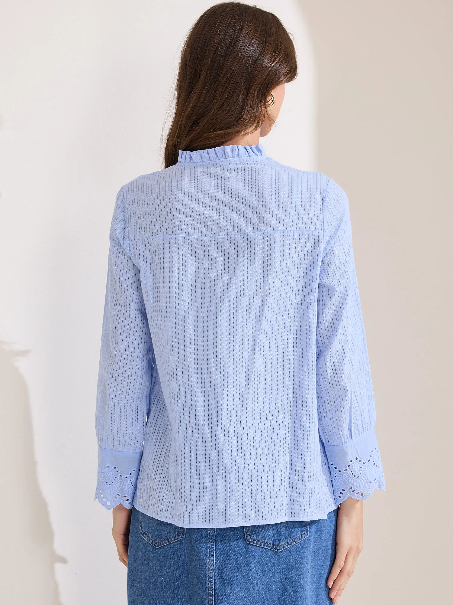 Long Sleeve Ruffled Neck Eyelet Button-Up Shirt