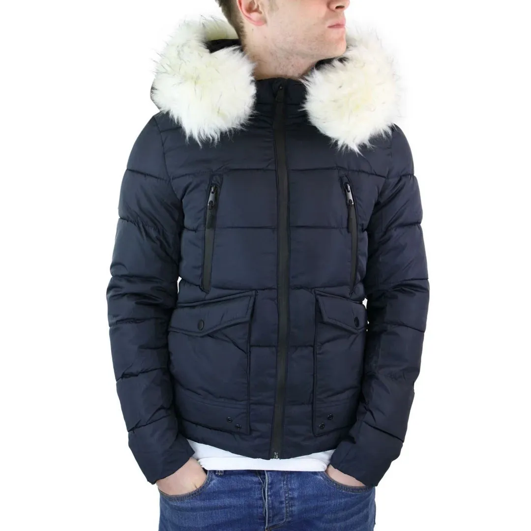 Men's Zip Hooded Fur Jacket Coat Puffer Quilted Warm Winter