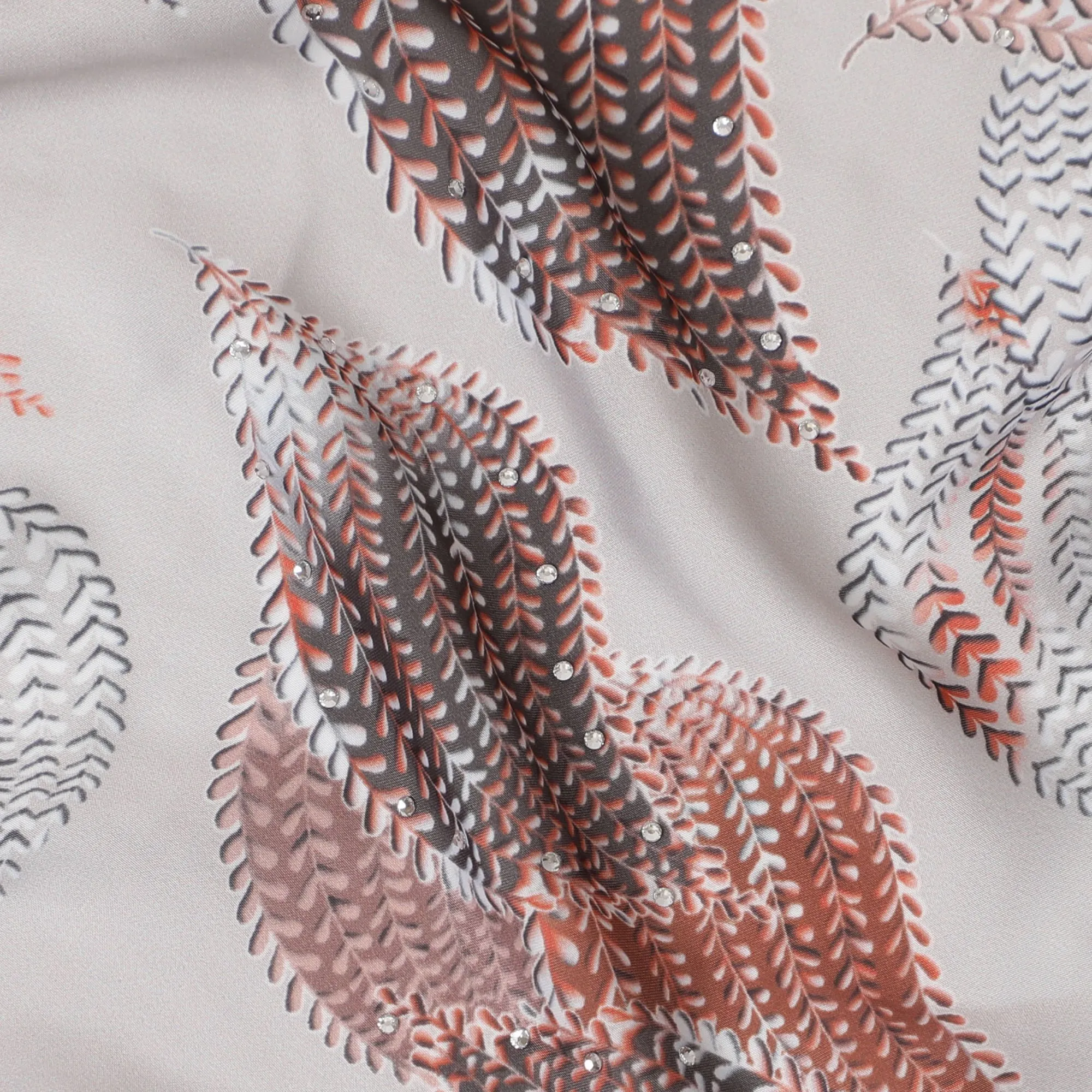 Modern Beige and Rust Synthetic Modal Satin Fabric with Leaf Pattern and Stone Work, 110 cm Width-20043
