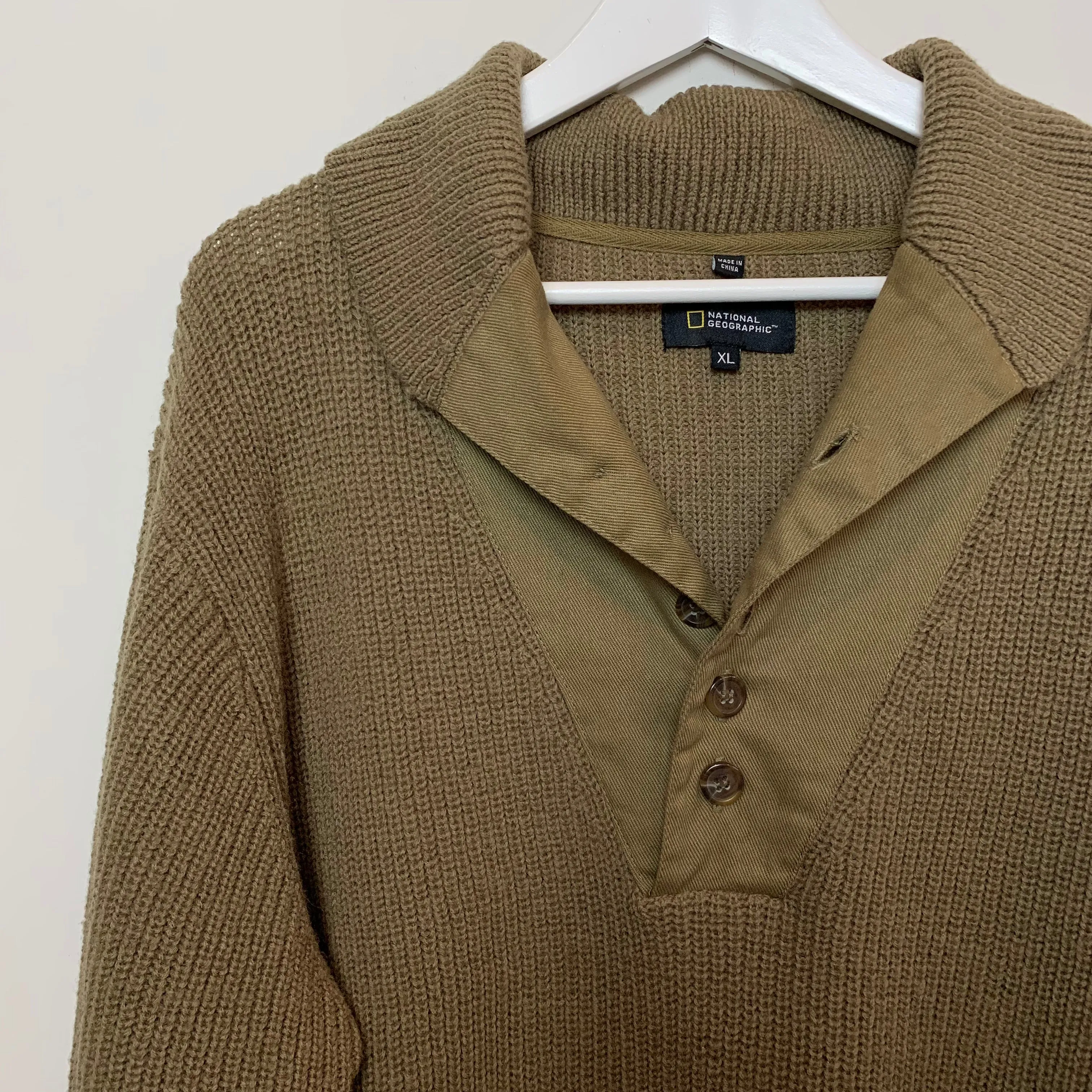 National Geographic Chunky Knit Henley Pullover Wool Sweater XL