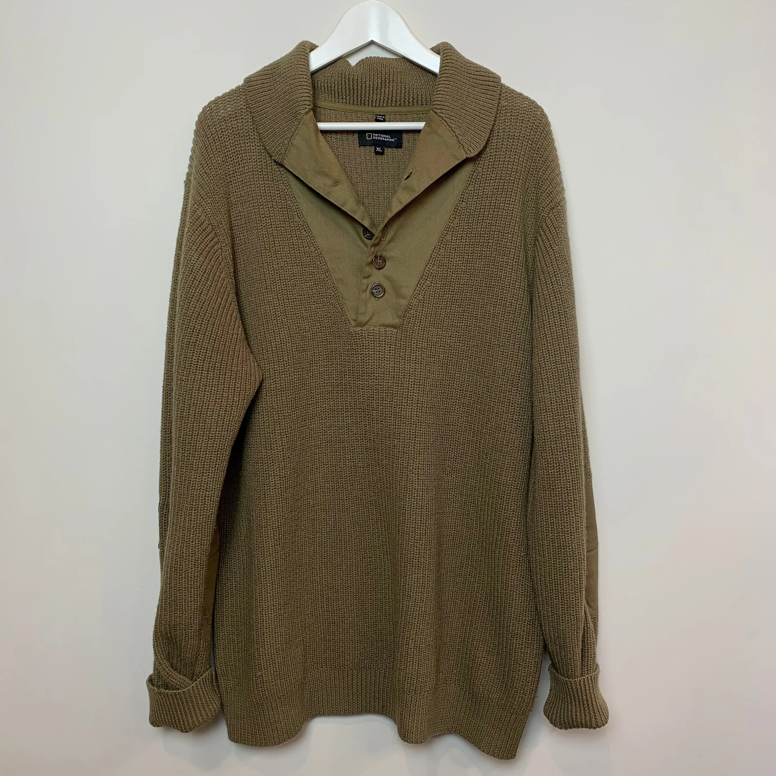National Geographic Chunky Knit Henley Pullover Wool Sweater XL
