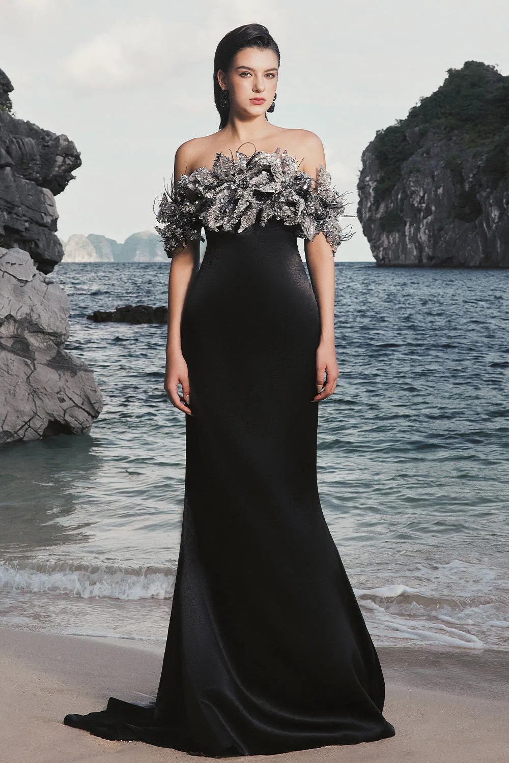Nicole Trumpet Off-Shoulder Silk Extra Long Length Dress