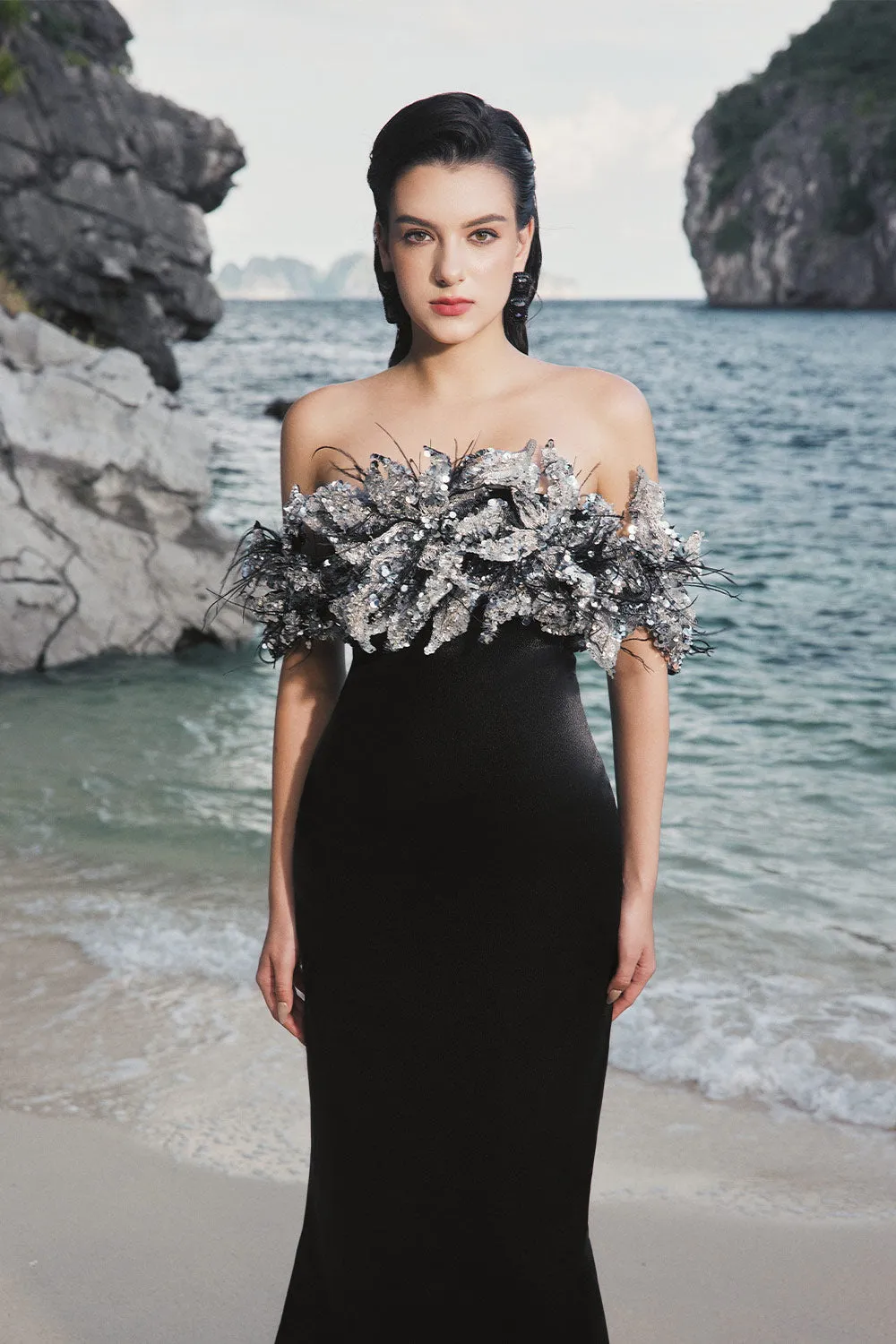 Nicole Trumpet Off-Shoulder Silk Extra Long Length Dress