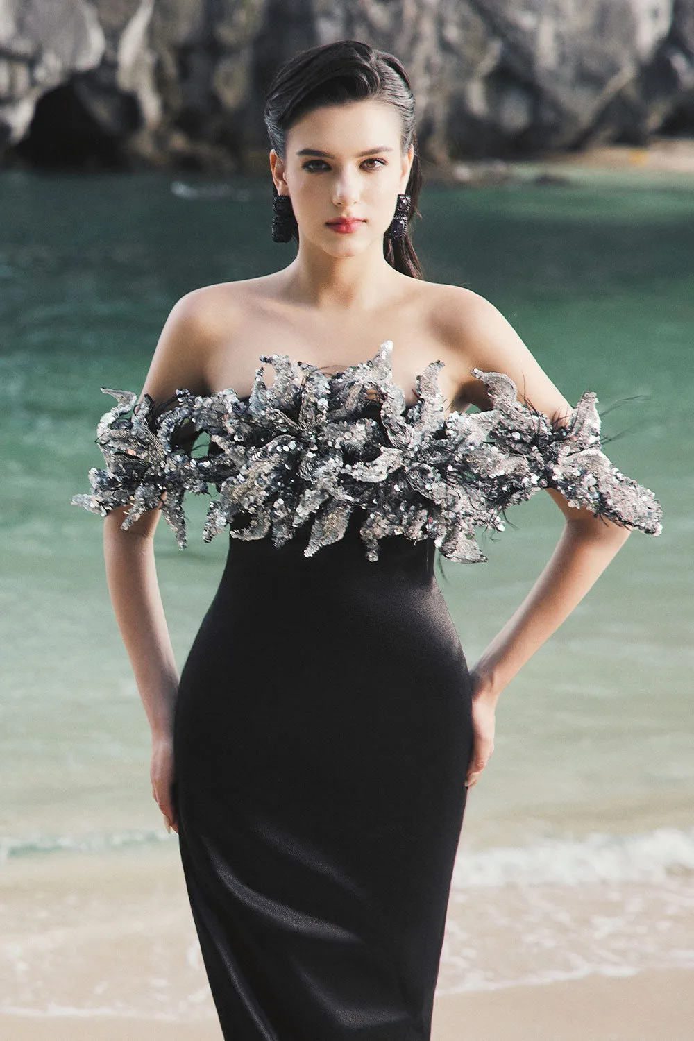 Nicole Trumpet Off-Shoulder Silk Extra Long Length Dress