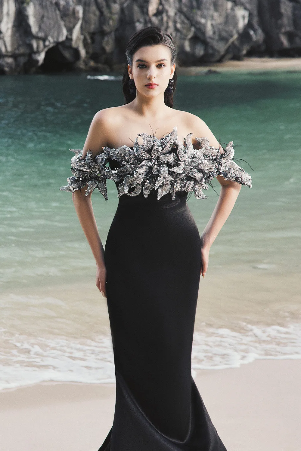 Nicole Trumpet Off-Shoulder Silk Extra Long Length Dress