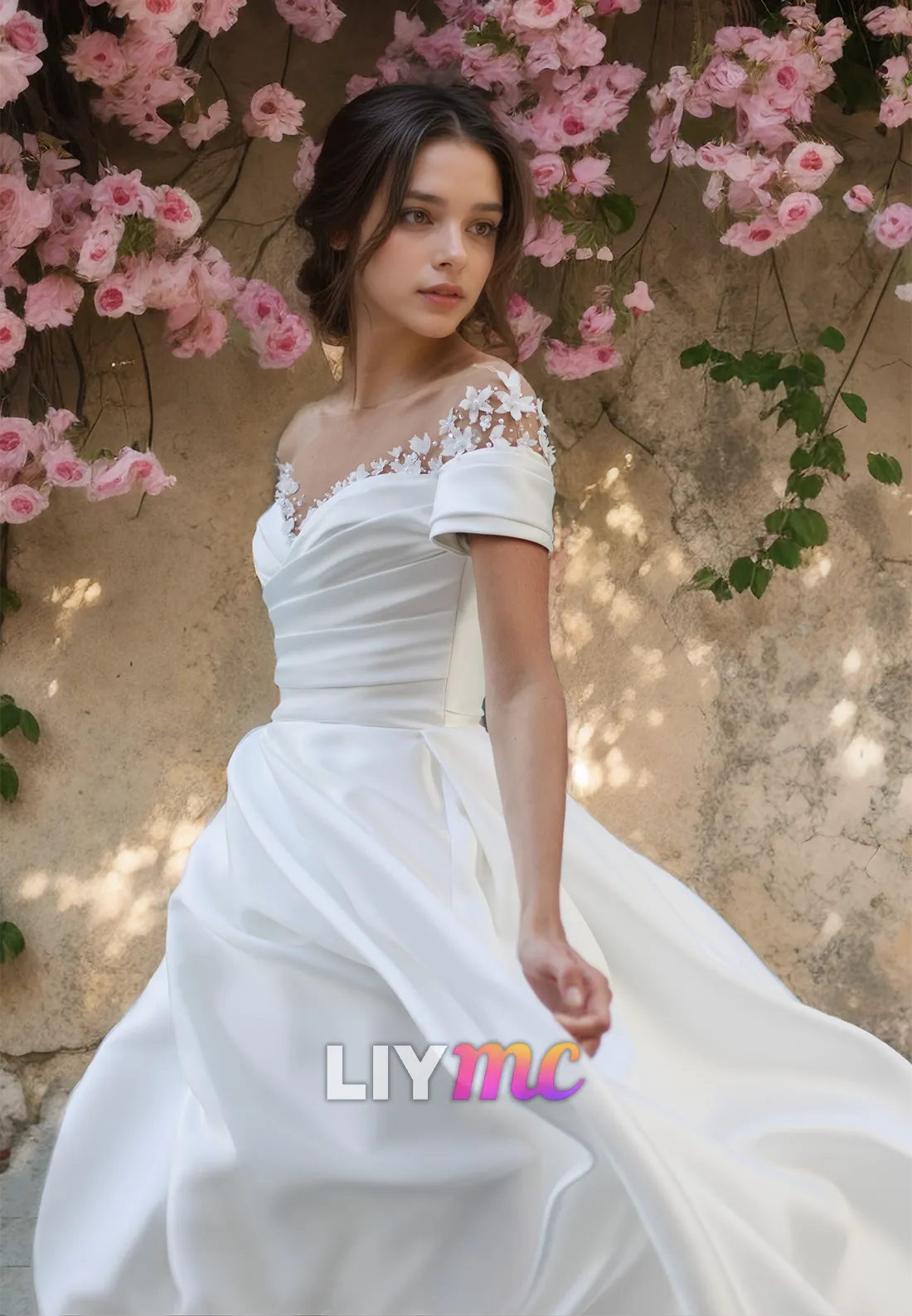 Off-Shoulder Strapless Appliques Pleated Sleek Satin A-Line Wedding Dress
