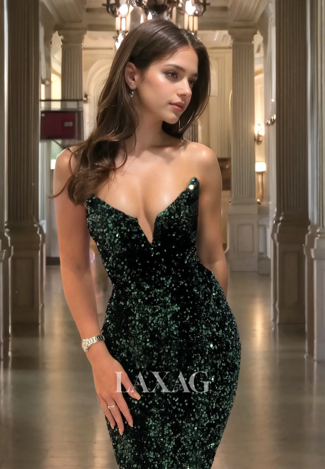 Off-Shoulder V-Neck Sleeveless Fully Sequined Pleated Floor-Length Mermaid Prom Dress