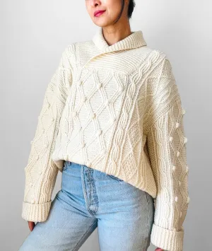 Off-White Heavy Wool Knit Bobble-Knit Cable-Knit Oversized Knit Sweater