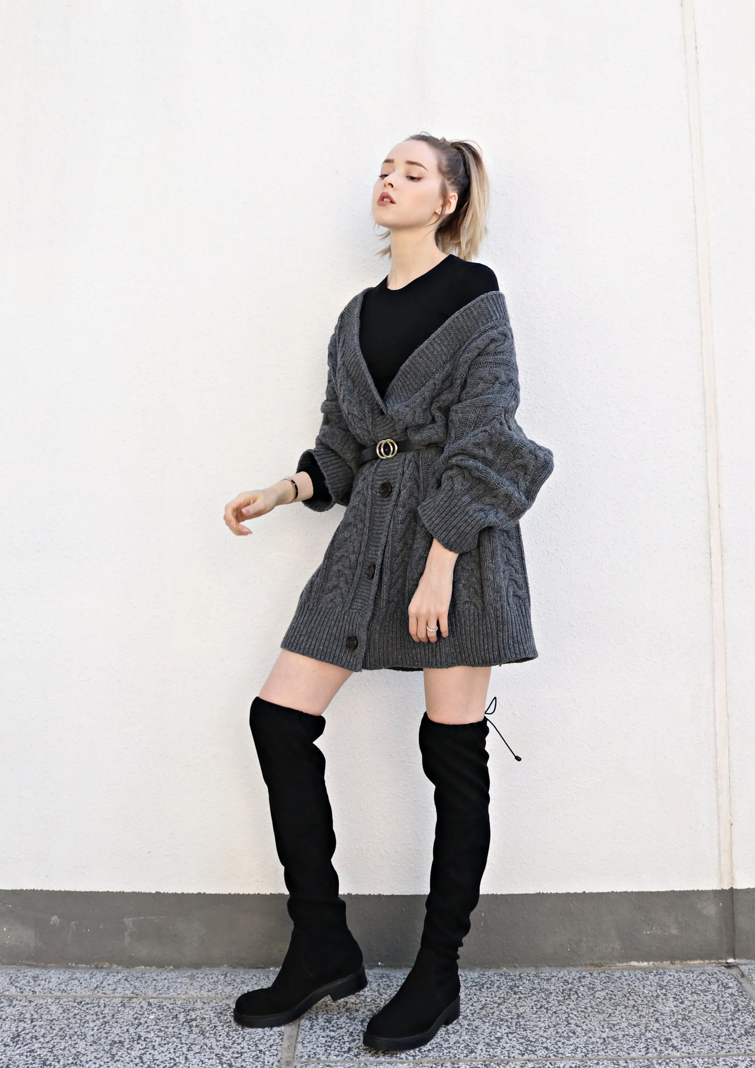 Oversized Charcoal Cable Knit Cardigan