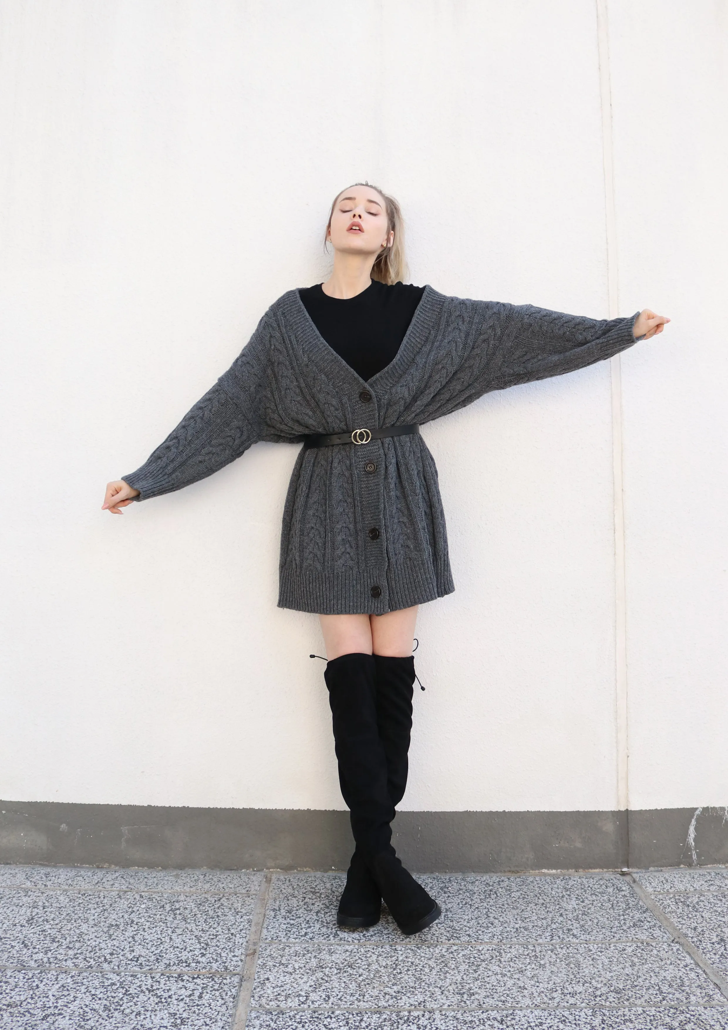 Oversized Charcoal Cable Knit Cardigan