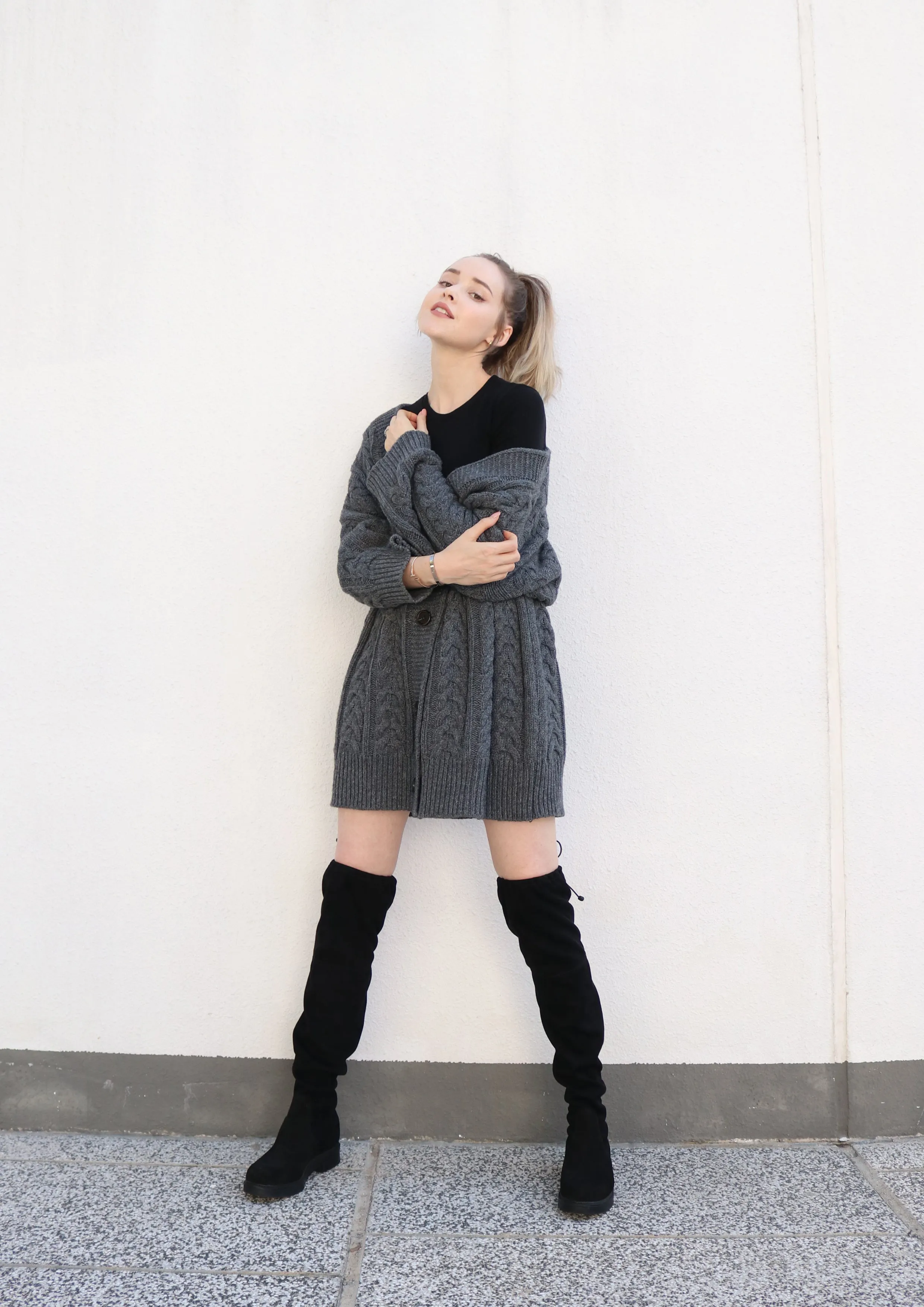 Oversized Charcoal Cable Knit Cardigan