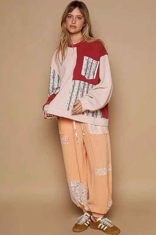 POL Patchwork Retro Floral Exposed Seam Blouse Waffle Knit Top Hippie Boho Shirt