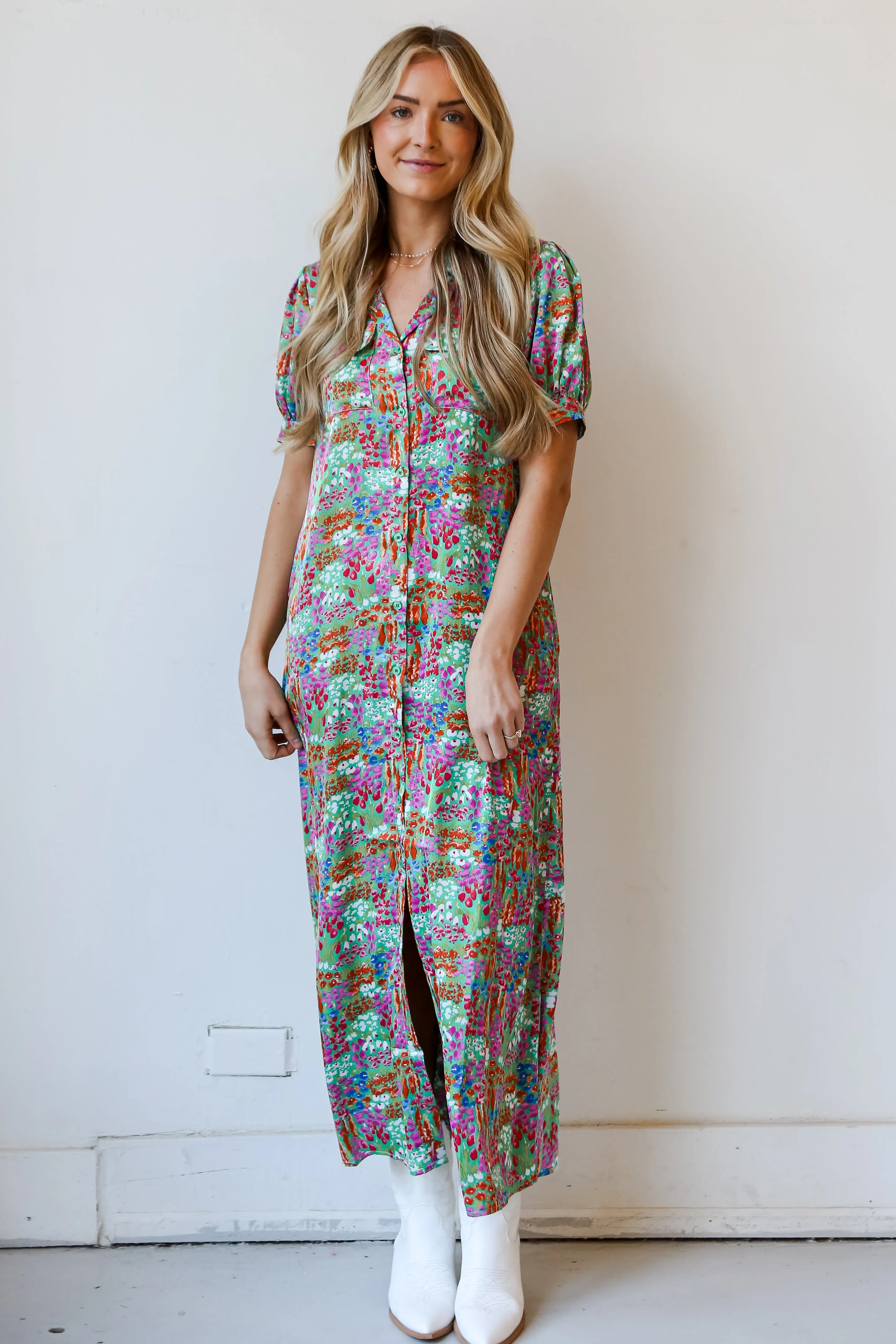 Pretty Demeanor Green Satin Floral Maxi Dress
