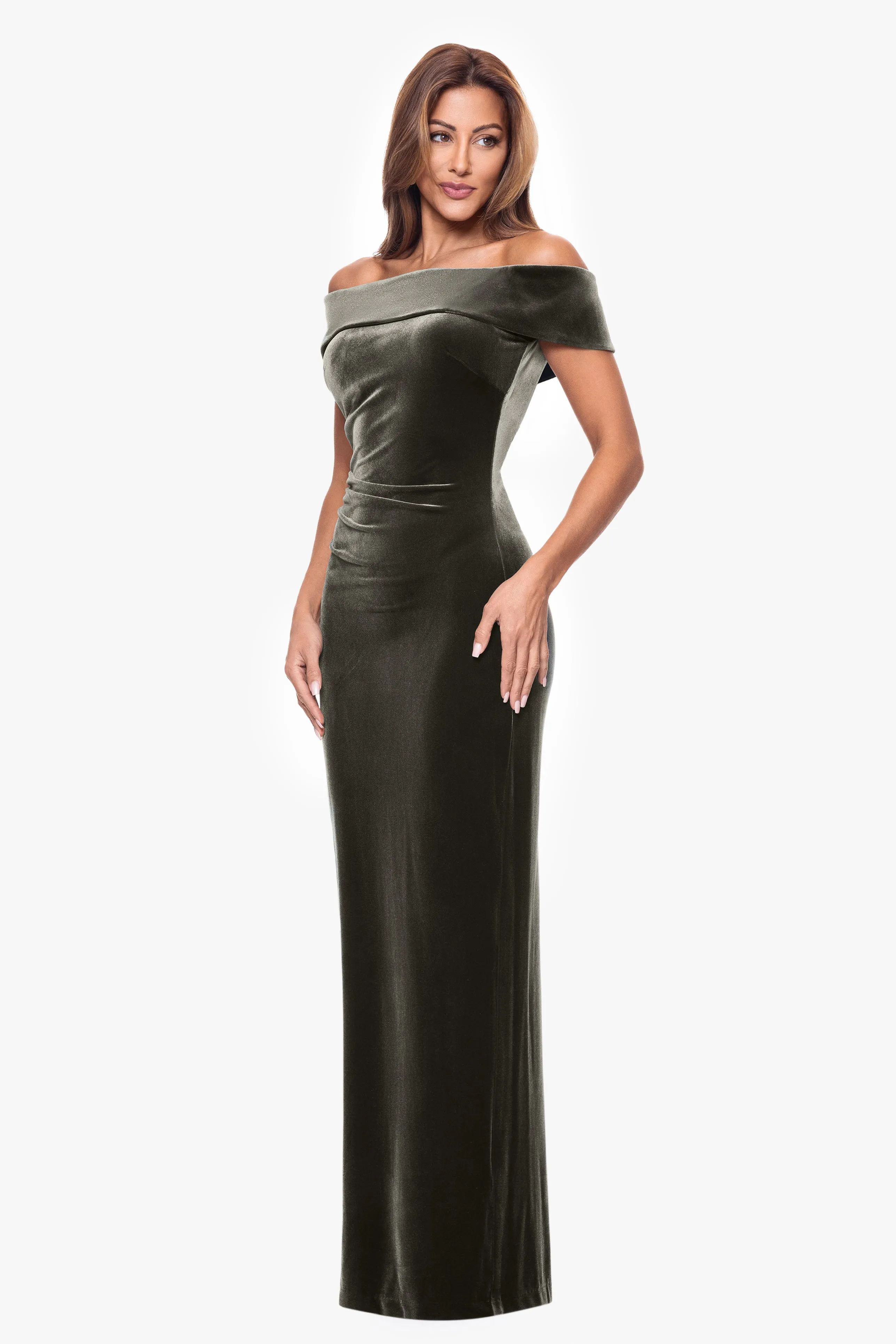 "Lori" Off The Shoulder Long Ruched Velvet Dress