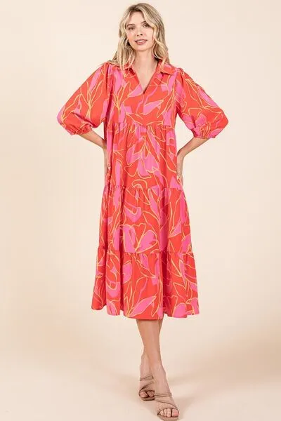 Red and Pink Floral Midi Dress