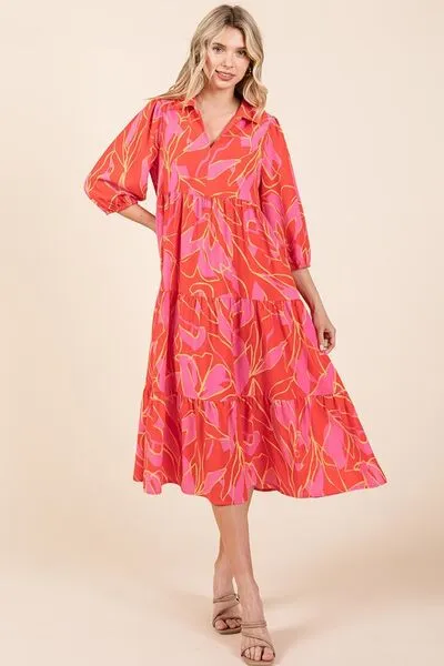 Red and Pink Floral Midi Dress