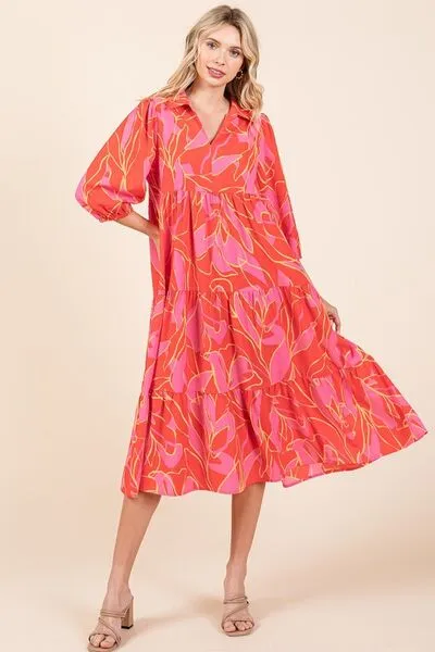 Red and Pink Floral Midi Dress