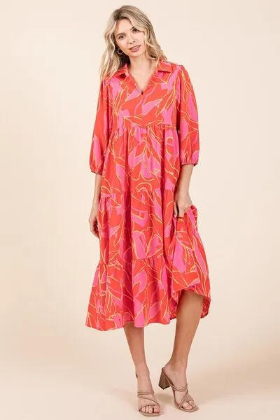 Red and Pink Floral Midi Dress