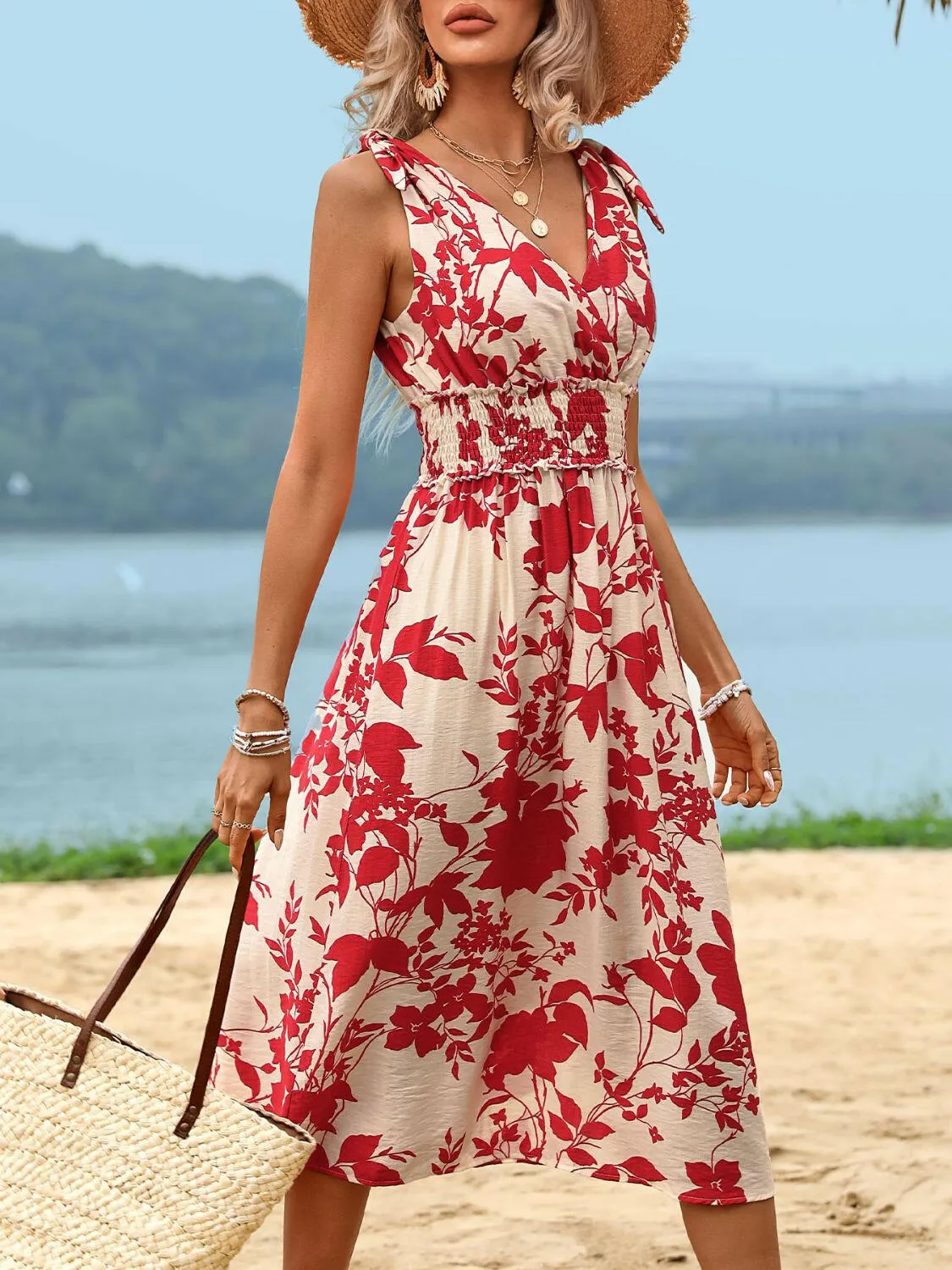 Smocked Printed Midi Dress