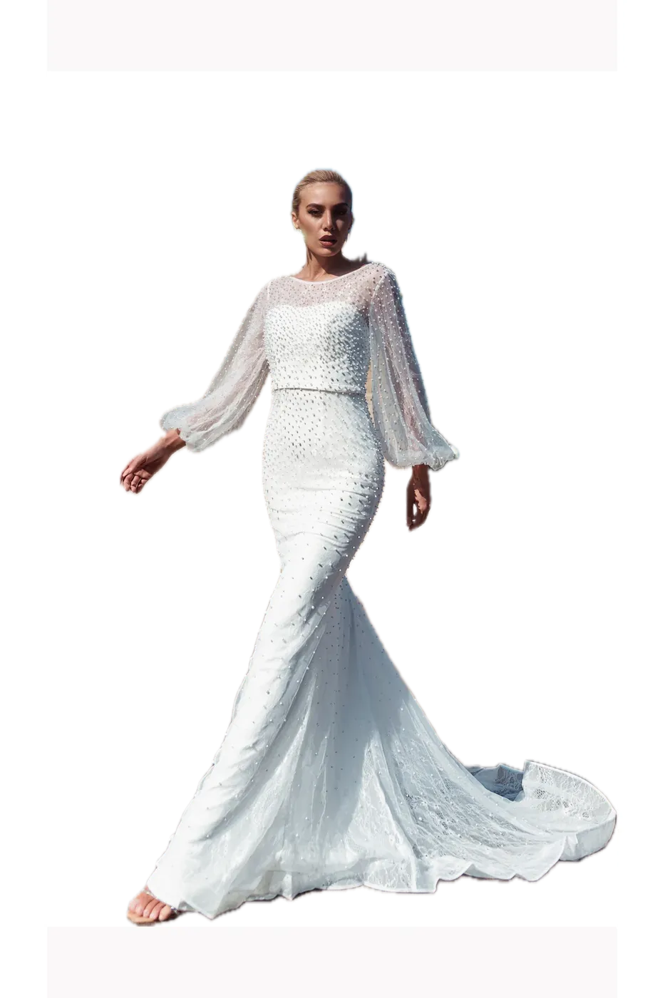 Tina Holly Couture BB016 Off-White Mermaid Wedding Dress with Pearls and Sheer Long Sleeves