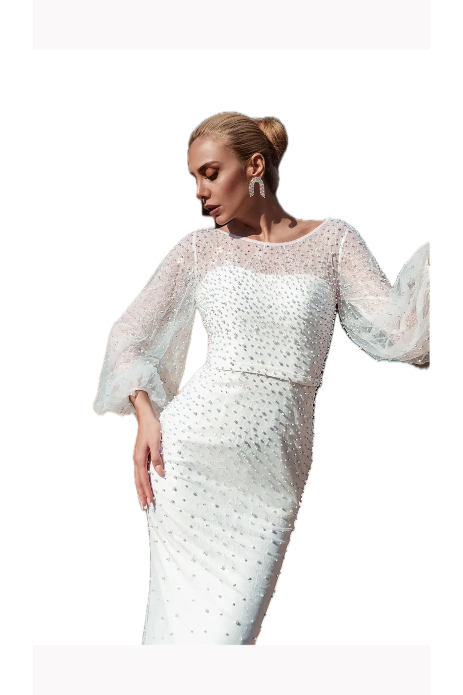 Tina Holly Couture BB016 Off-White Mermaid Wedding Dress with Pearls and Sheer Long Sleeves