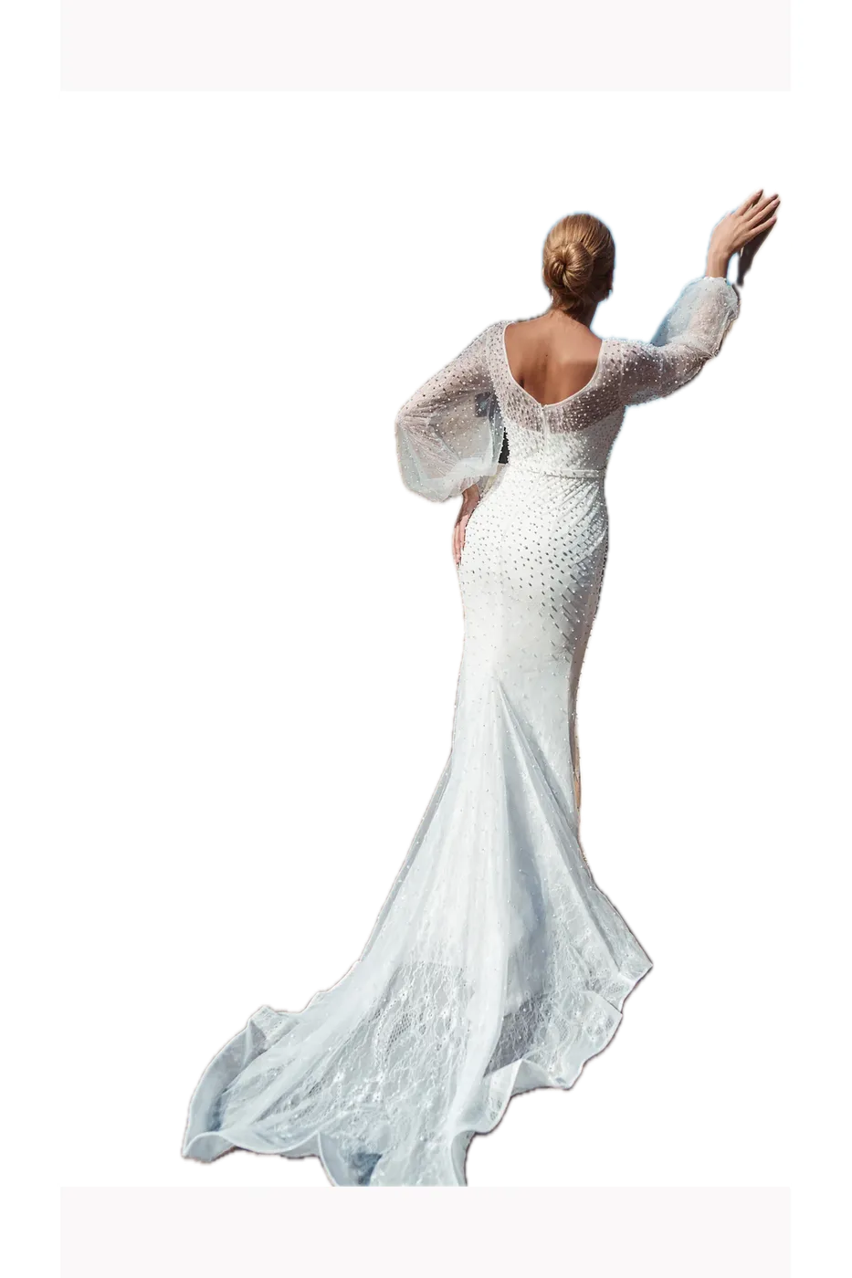 Tina Holly Couture BB016 Off-White Mermaid Wedding Dress with Pearls and Sheer Long Sleeves