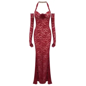 Trend4us Women's Elegant Lace Halter Mermaid Gown